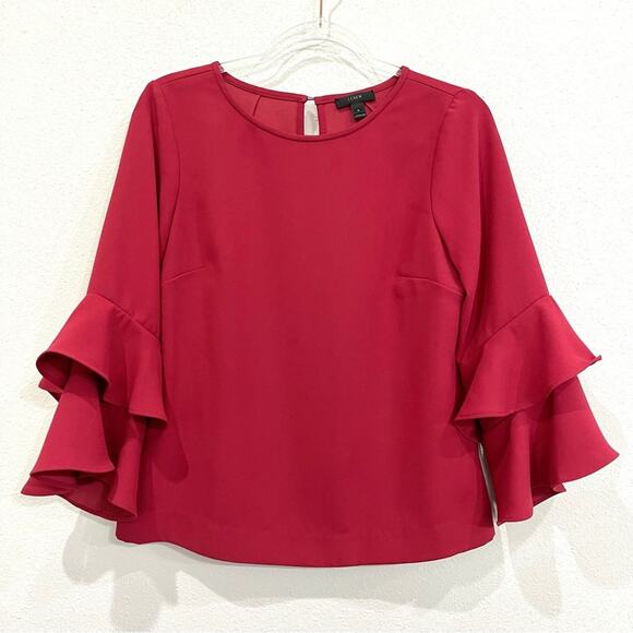 J. Crew Crimson Red Lana Tiered Ruffle 3/4 Sleeve Crew Neck Blouse - Size 4 - Picture 1 of 9